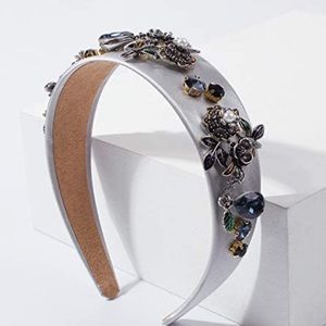 White satin headband w silver/emerald green/pearl